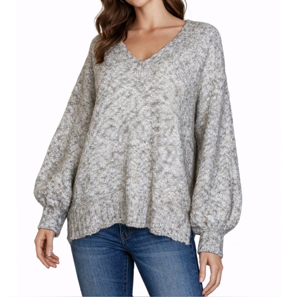 Sweater Wool Alpaca blend sweater Angie V-neck balloon sleeve tan/white SZ M